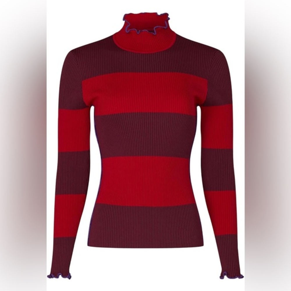Koché Collective ruffle trim striped sweater in red and purple Sz. S